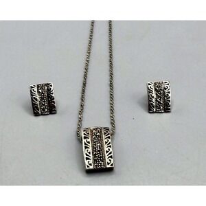 925 Sterling Silver Marcasite Filigree Necklace and Earrings Set Art Deco Style